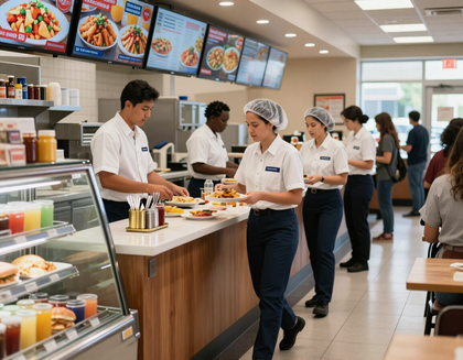 Cafe counter with staff serving customers, menu screens overhead, and seating in a bright modern dining area