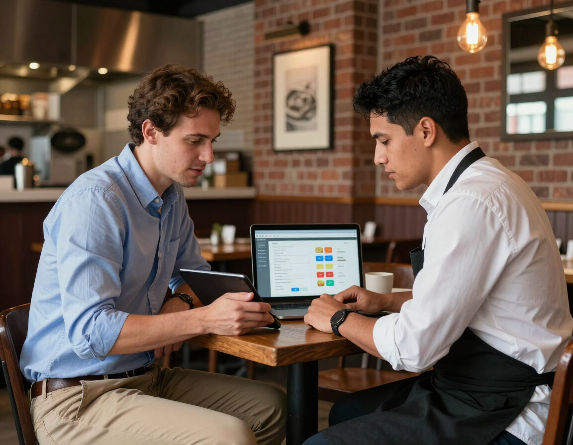 Two men discussing a laptop at a café table with a tablet and coffee nearby