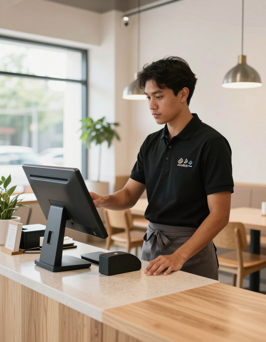 Barista at a café counter using a touchscreen register, with a bright window and hanging light behind.