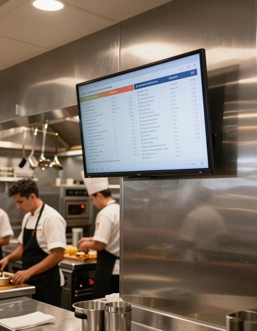 Kitchen staff working beneath a wall-mounted monitor in a stainless-steel commercial kitchen
