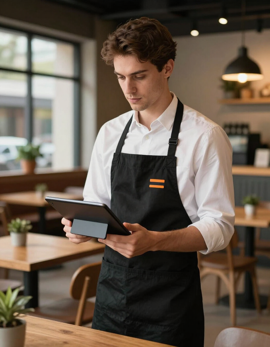 Server in black apron checking a tablet in a modern café.