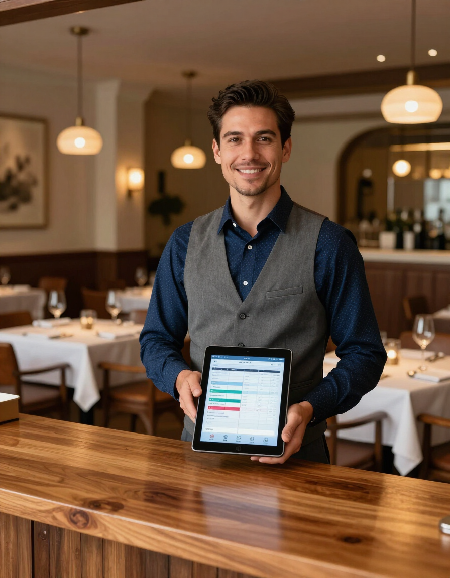 Restaurant staff holding a tablet behind a wooden counter in a warmly lit dining room