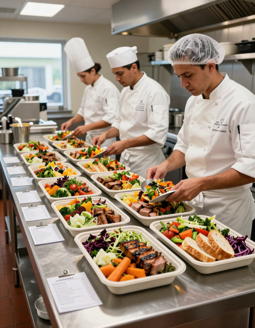 Chefs in a kitchen plating colorful prepared meals in rows on a stainless-steel counter