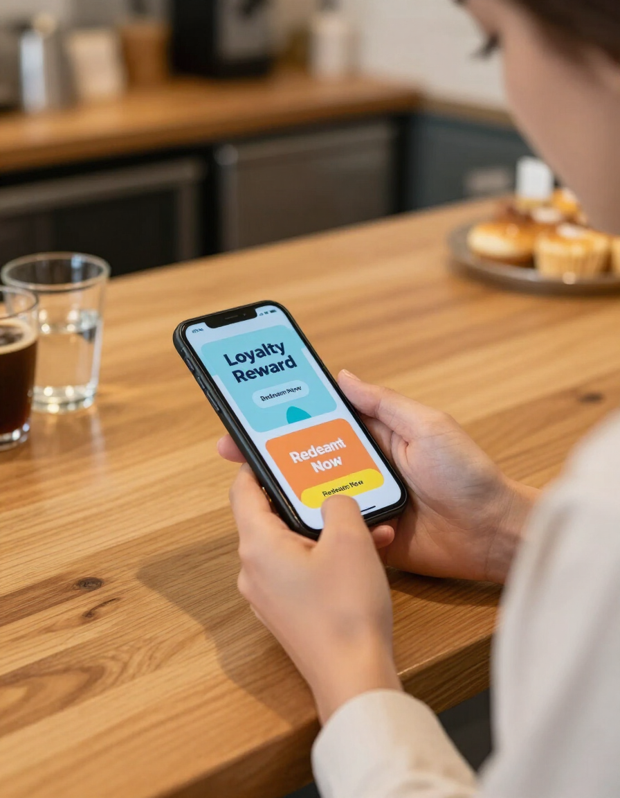 Person using a smartphone app at a wooden table in a café, with colorful cards on the screen.