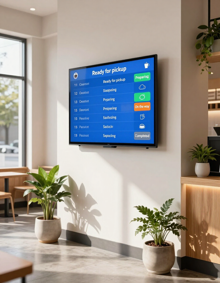 Wall-mounted blue digital menu screen in a bright cafe lobby with potted plants and sunlight