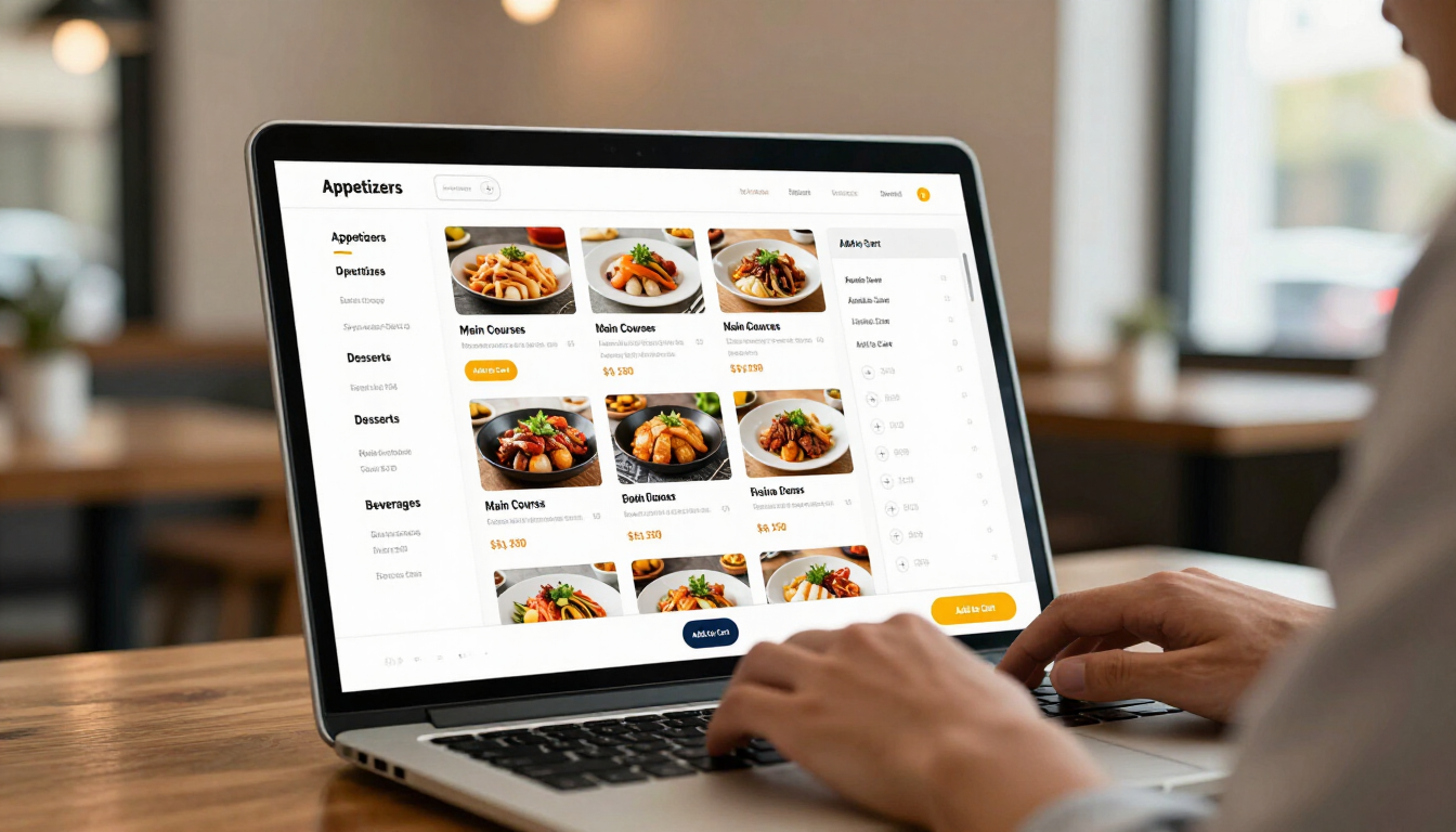 Person holding smartphone with restaurant ordering app in coffee shop