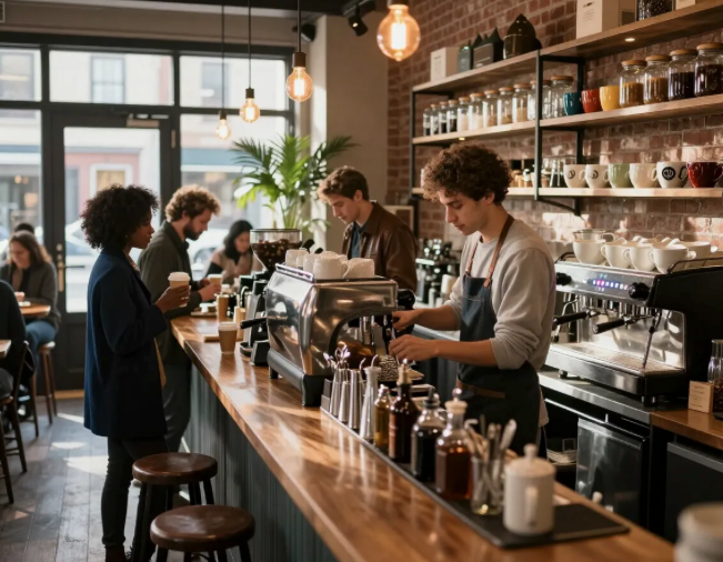 Baristas and customers inside a modern café with a long wooden counter and hanging lights