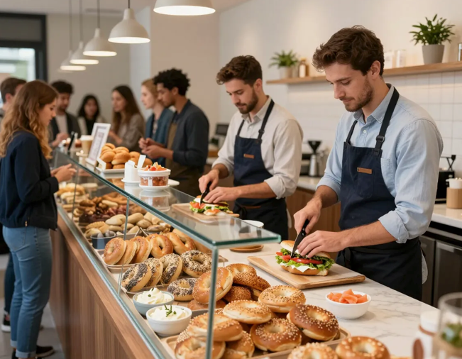 People serving sandwiches and pastries at a busy café counter with customers