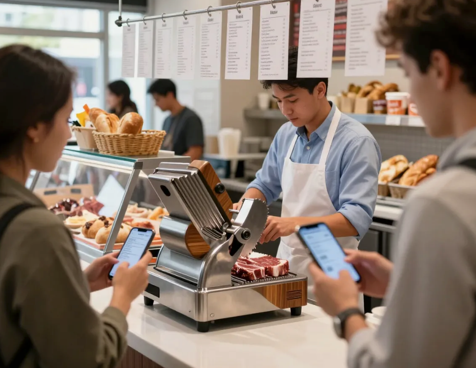 People using phones at a bakery counter while a barista serves pastries behind a display case