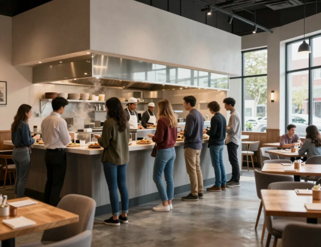 People standing in line at a bright modern café counter with seated customers nearby