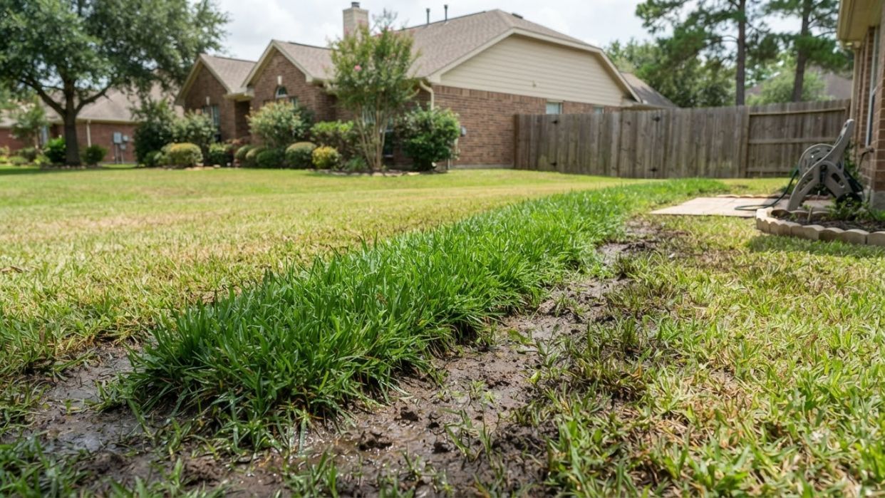 Suburban backyard with patchy grass, muddy ground, and a beige house behind a wooden fence.