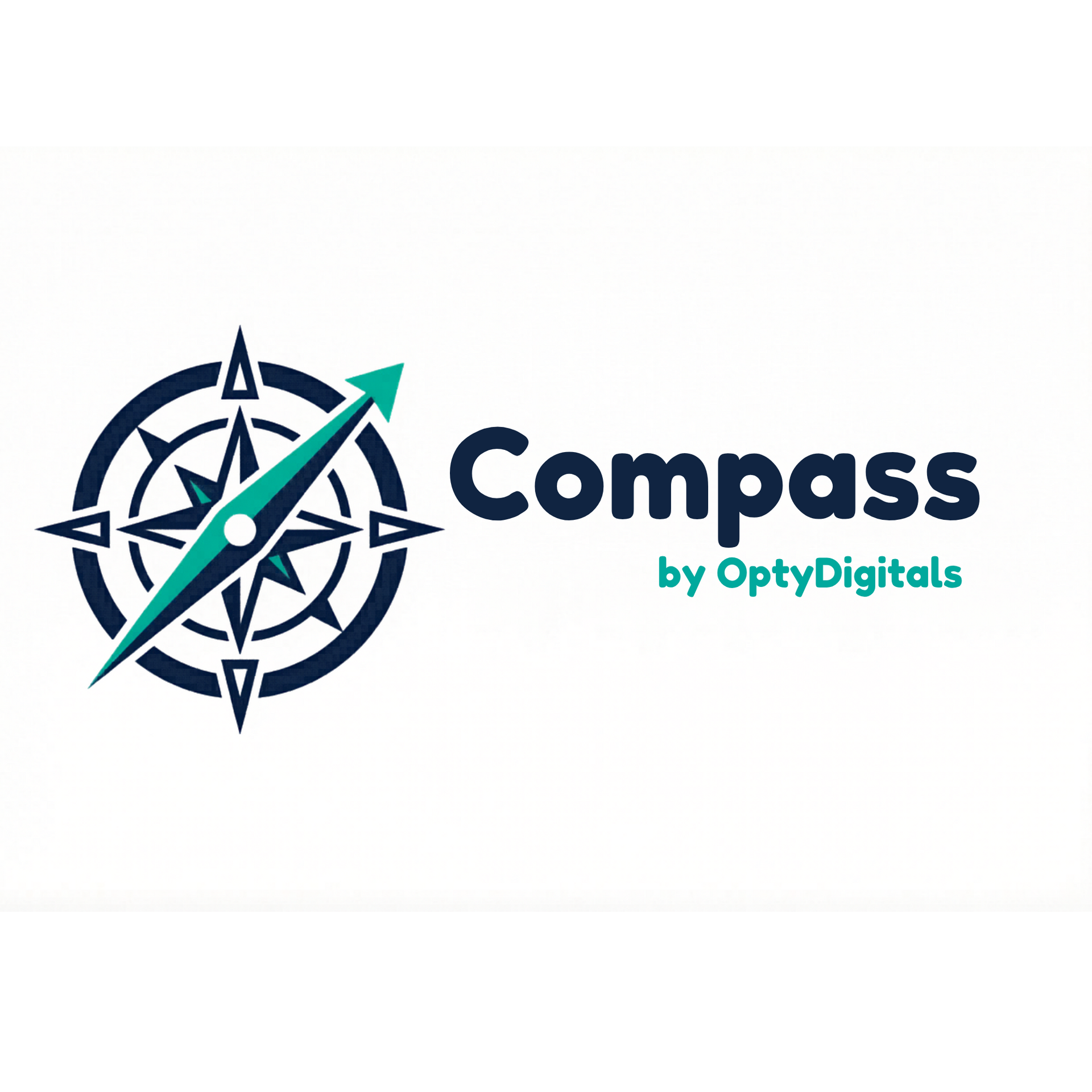 A logo featuring a dark blue compass graphic with a teal arrow, alongside the text 