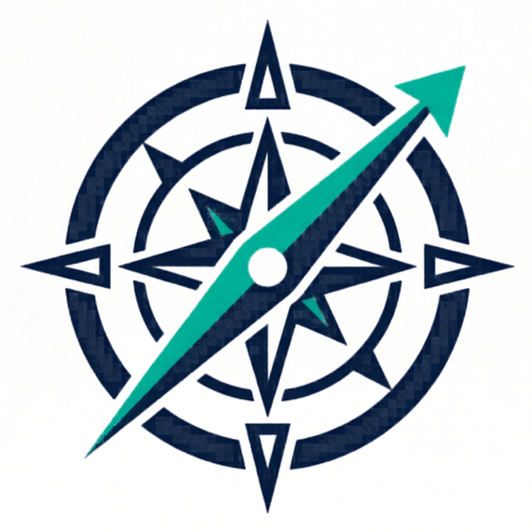Logo featuring a dark blue compass graphic with a teal arrow, next to the text