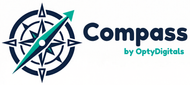 A logo featuring a dark blue compass graphic with a teal arrow, alongside the text