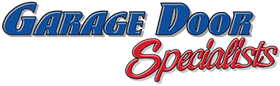 Garage Door Specialists logo in blue and red script on a white background