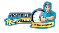 Een man staat naast een klok in een logo voor always loodgieters on time everytime.
