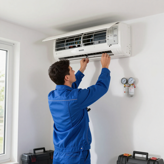 Technician repairing a wall-mounted air conditioner in a white room.