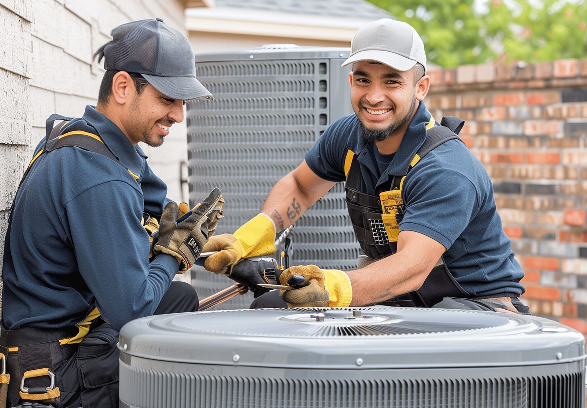 Two HVAC technicians in dark uniforms and gloves repairing an outdoor air conditioning unit.