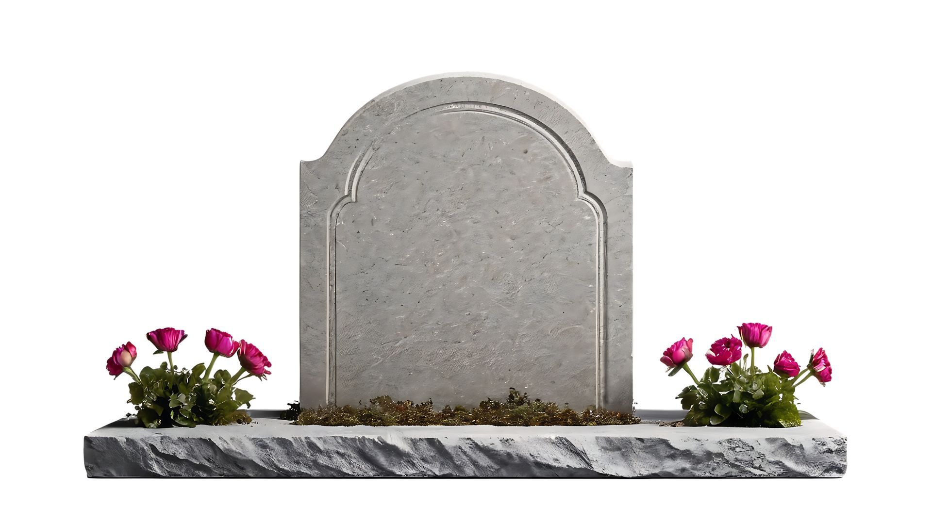 Blank headstone grave memorial with pink flowers.