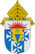Heraldic shield with blue-and-white quartering, red rays, and a gold bishop’s mitre atop