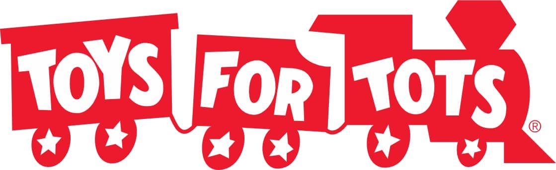 A red train with the words toys for tots on it