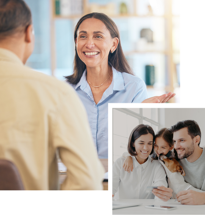 A woman is smiling while talking to a man and a family is sitting at a table.