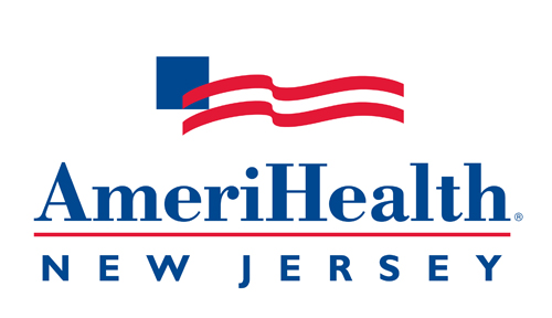 The logo for amerihealth new jersey has an american flag on it.