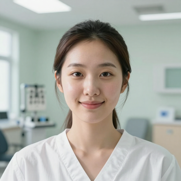 밝은 진료실에서 하얀 의료복을 입은 사람이 미소 짓고 있다.