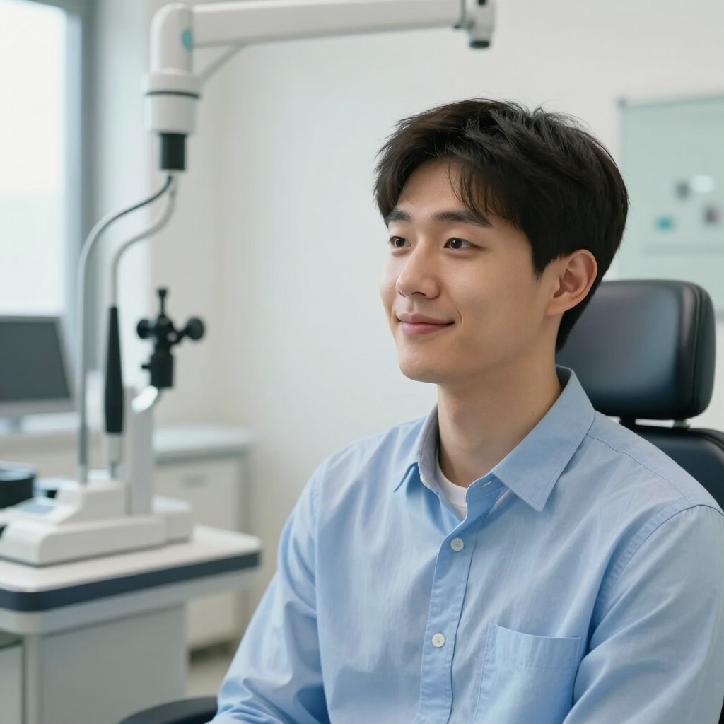 한 젊은 남자가 안과 검진 기계 옆에 앉아 미소를 짓고 있다.