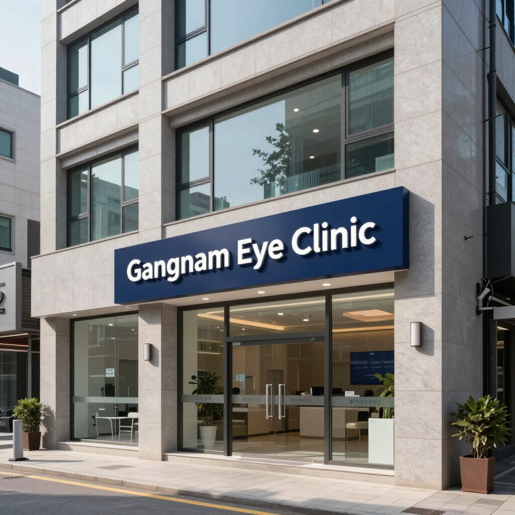 현대적인 건물에 파란색 간판이 있는 강남안과 매장 전경