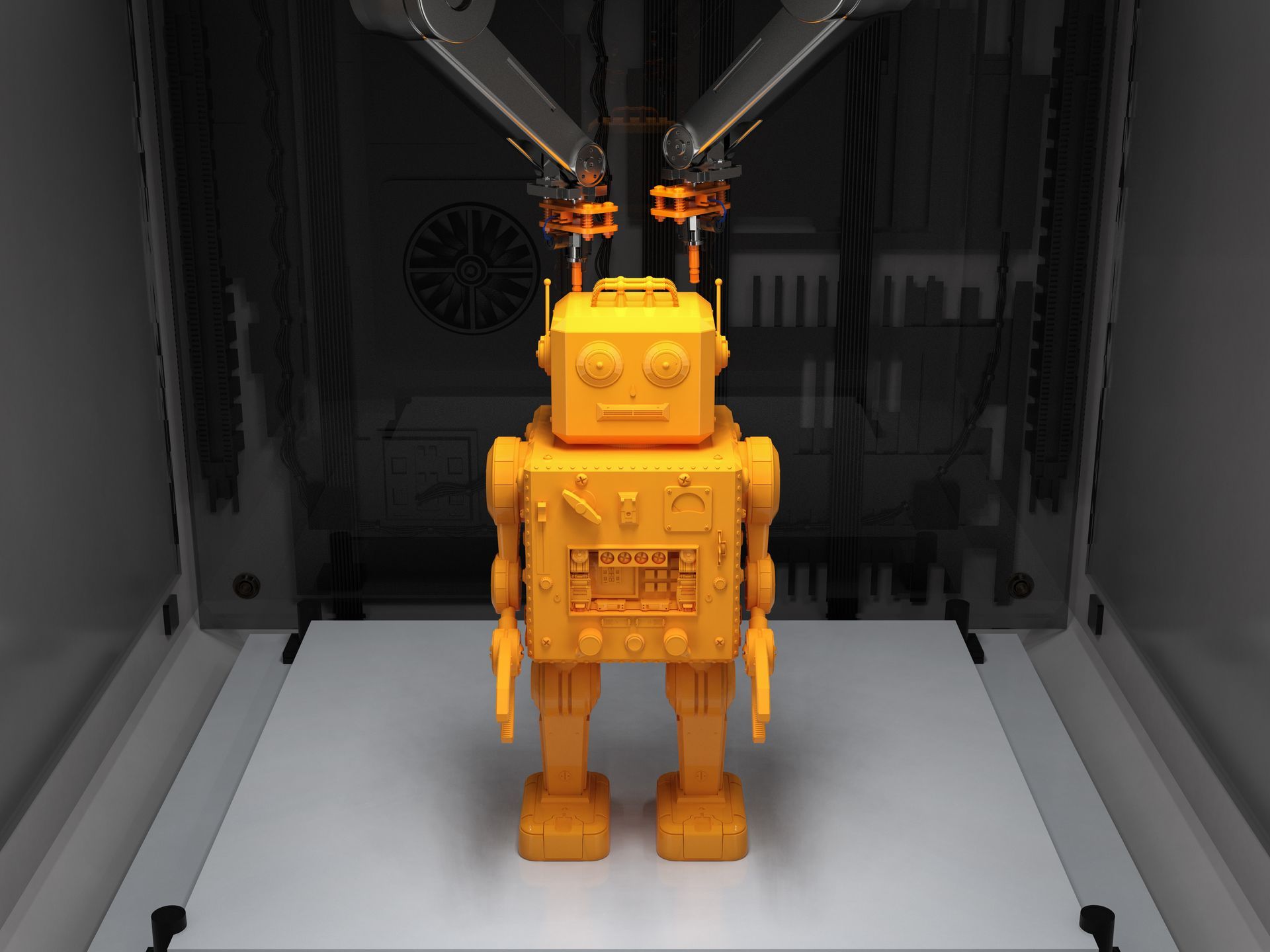 Ein orangefarbener Roboter steht in einer dunklen Industriehalle unter einer mechanischen Vorrichtung.