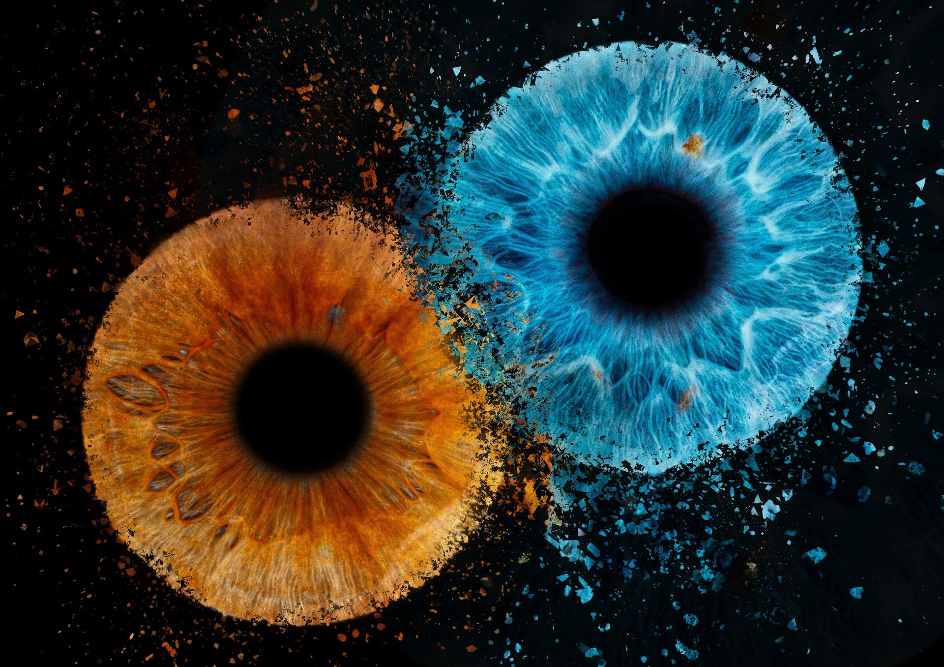 Zwei farbenfrohe, abstrakte, kreisförmige Muster, orange und blau, auf schwarzem Hintergrund