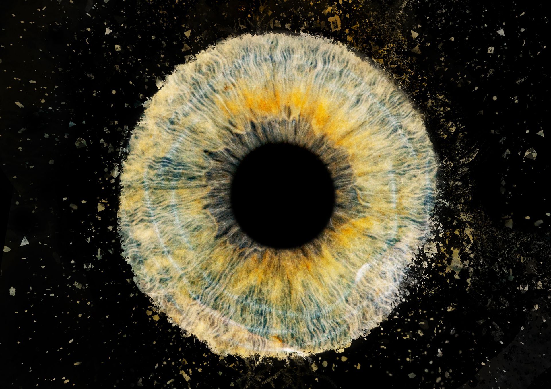 Stilisierte blaugraue Iris mit goldenen Sprenkeln um eine schwarze Pupille auf dunklem Hintergrund