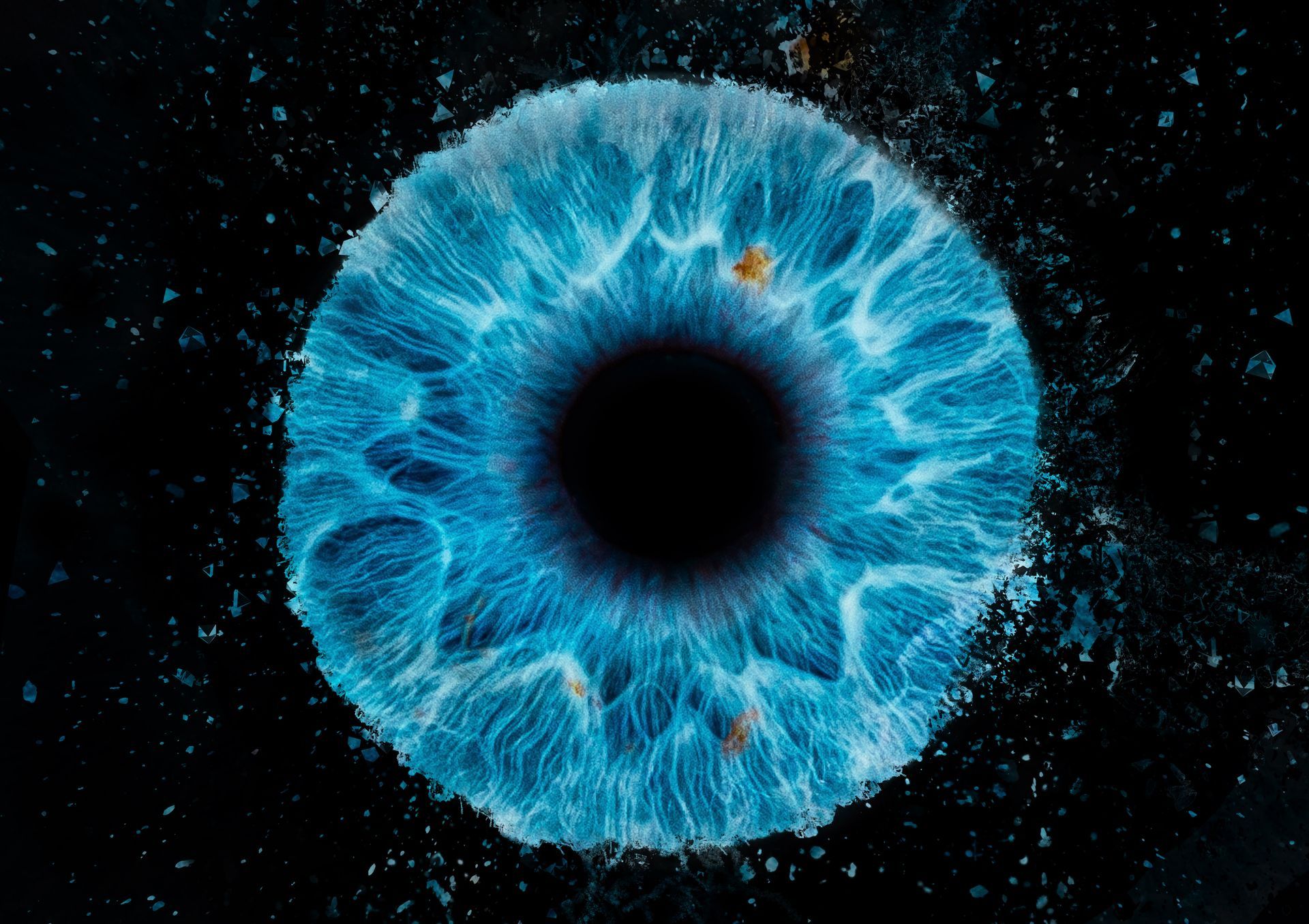 Blau leuchtendes Auge mit schwarzer Pupille vor dunklem Sternenhintergrund
