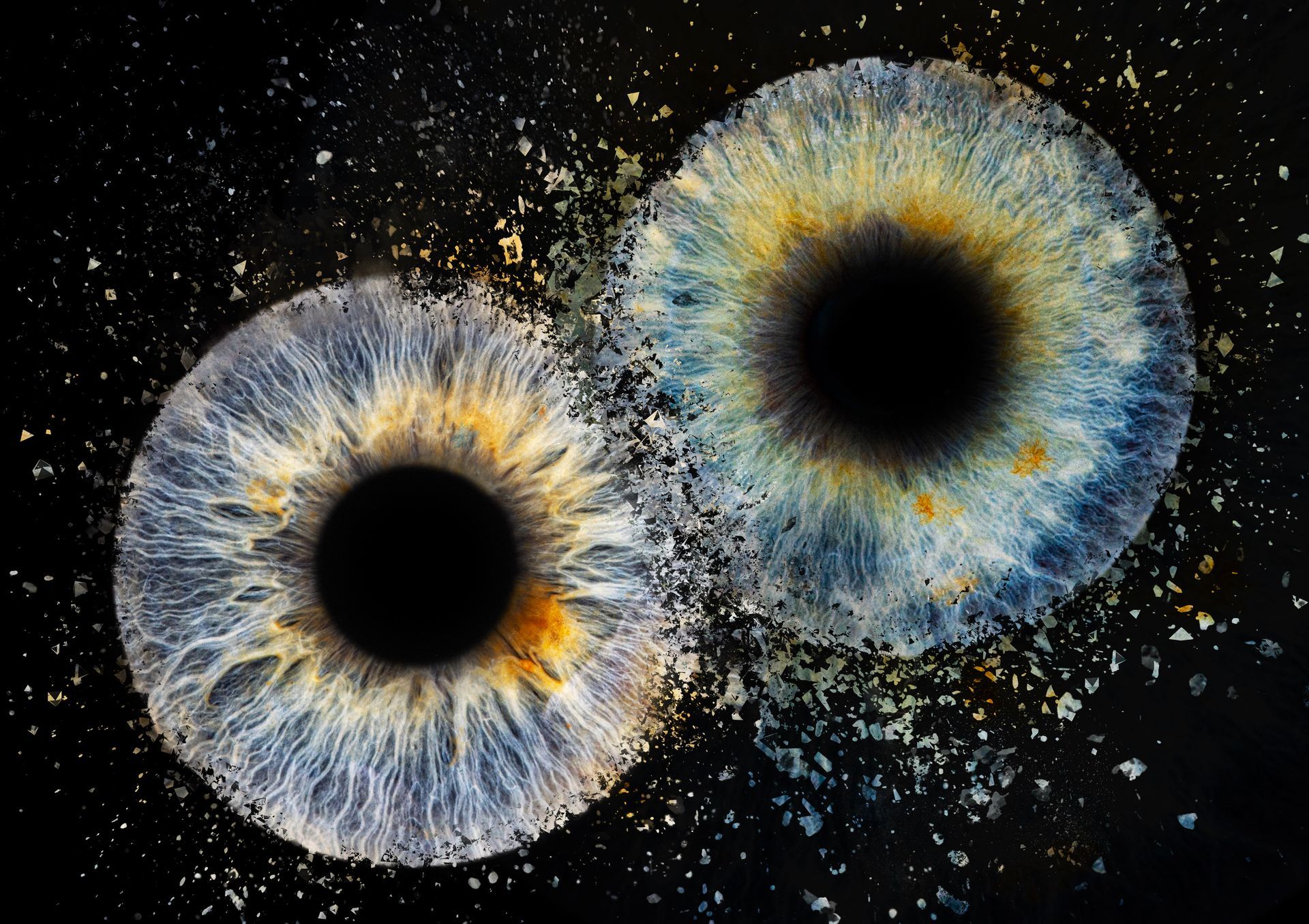 Zwei abstrakte blaue und goldene kreisförmige Muster auf schwarzem Hintergrund