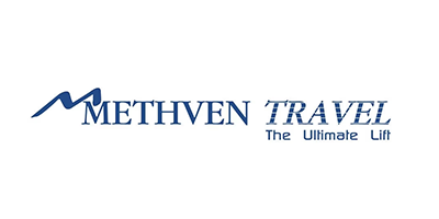 The logo for methven travel is blue and white and says `` the ultimate lift ''.