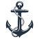 Dark blue anchor with rope coiled around it.