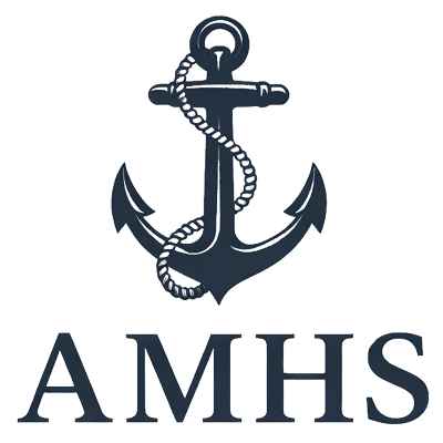 Dark blue anchor with rope, "AMHS" text below.