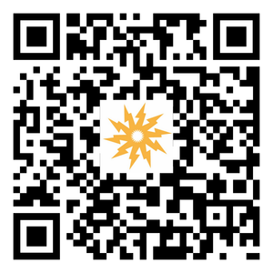QR code with a stylized yellow sunburst icon at its center.