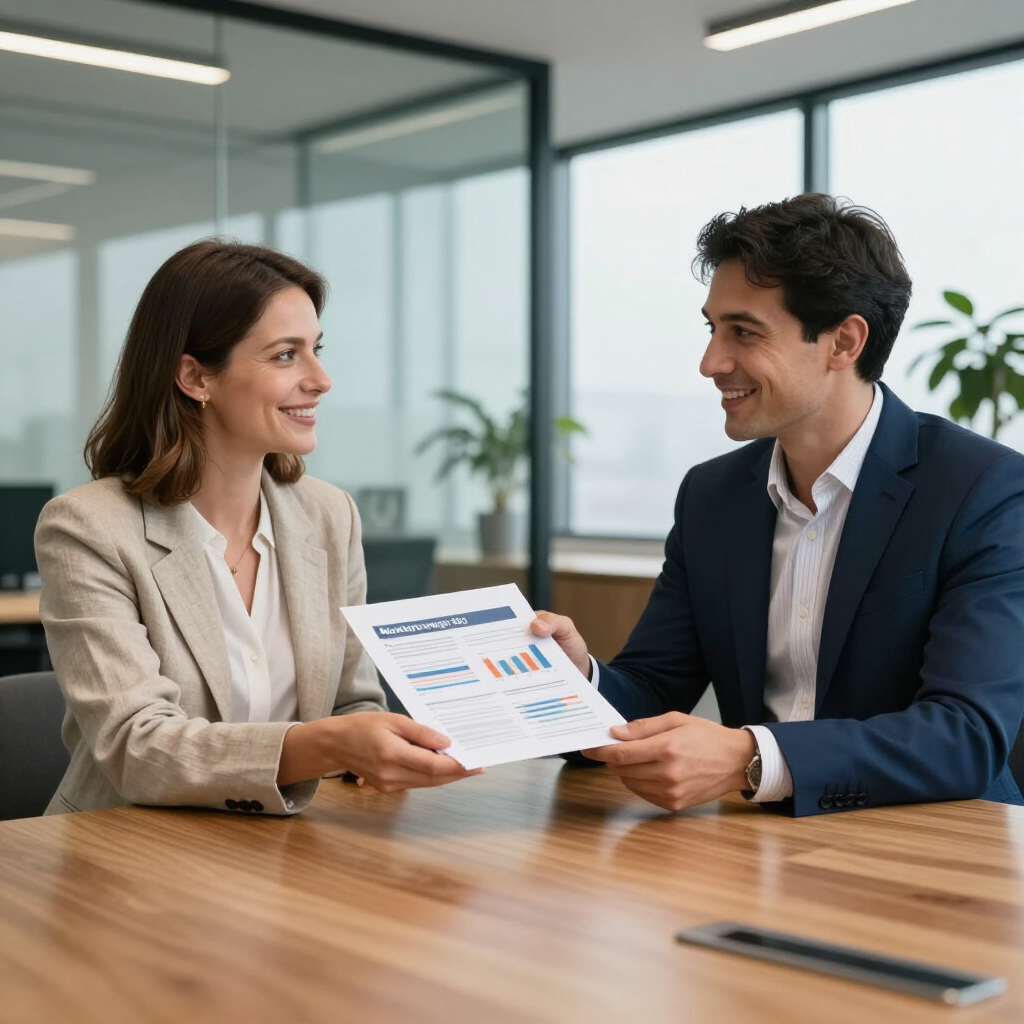 Two coworkers in a meeting, smiling and reviewing a chart in a bright office