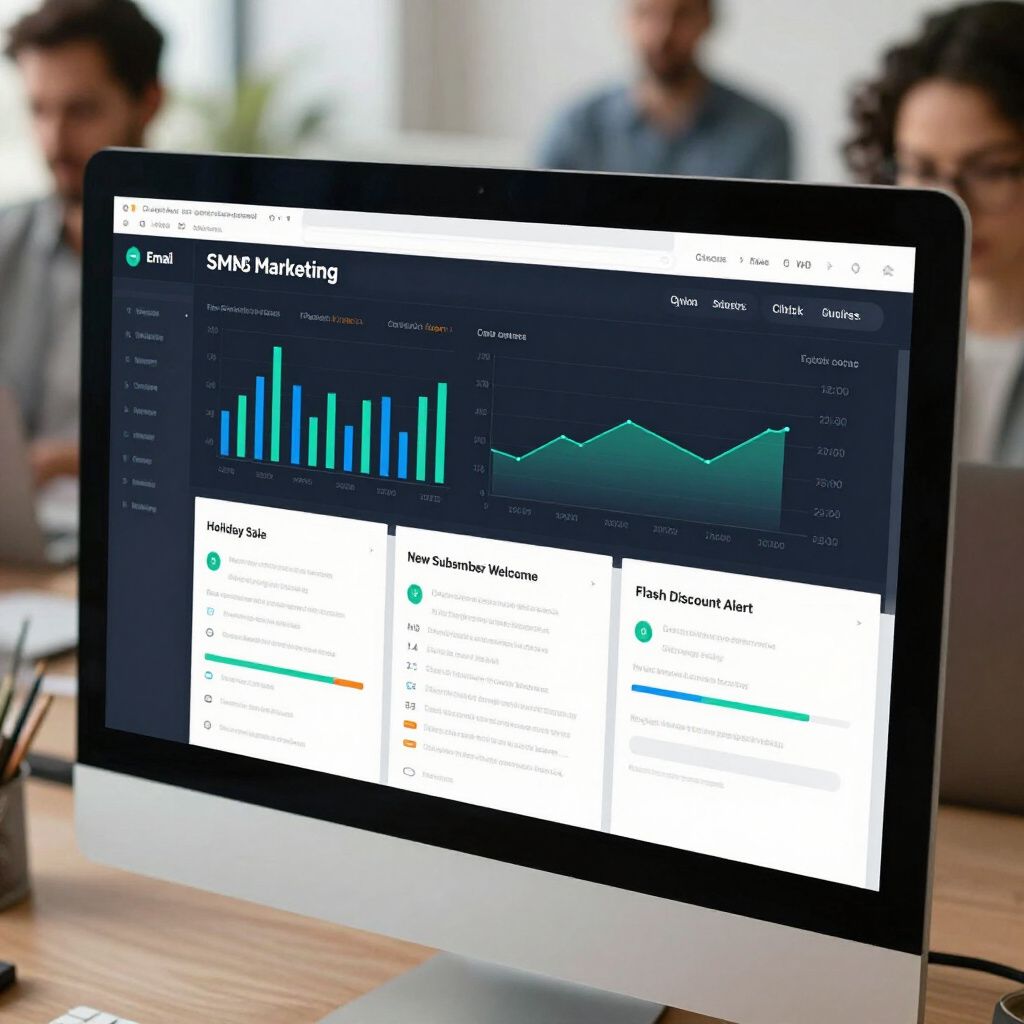 A monitor displays a marketing analytics dashboard with bar and line graphs, set in an office with people working.