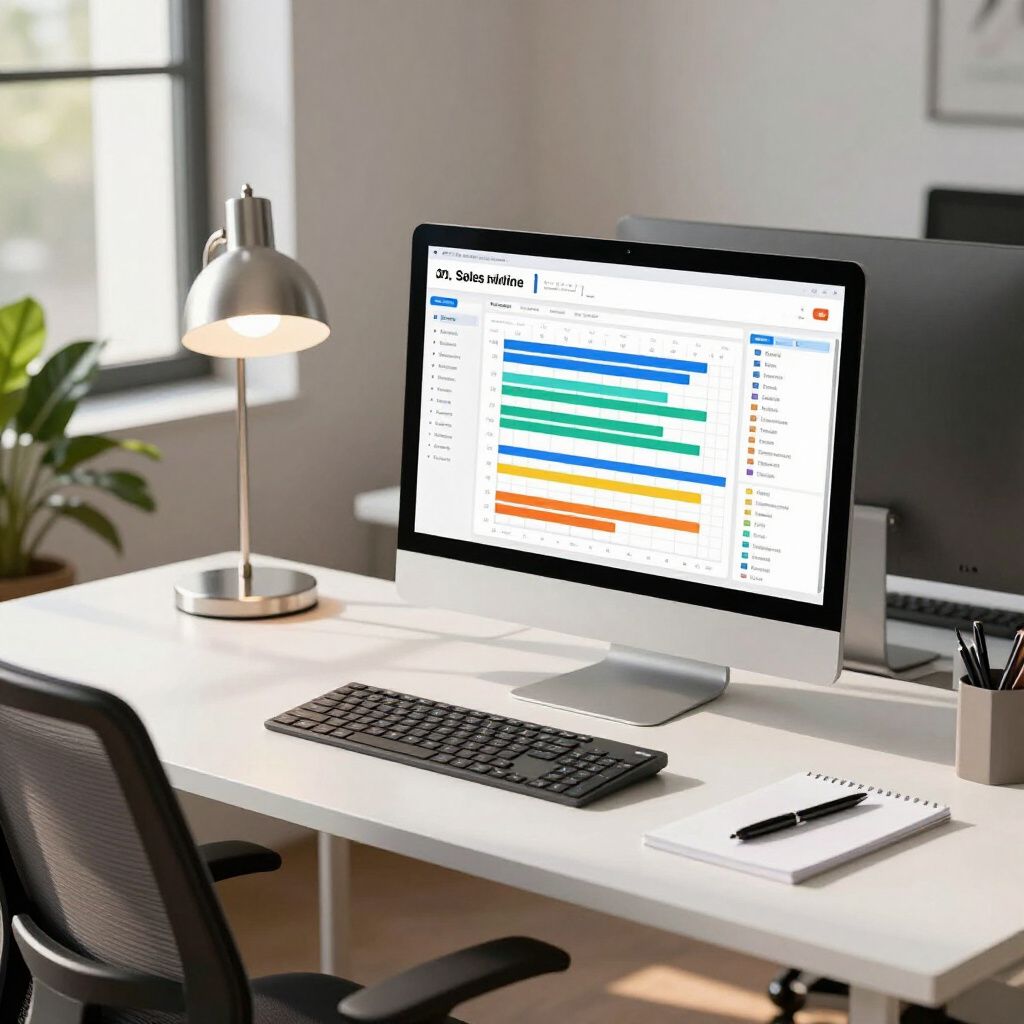 Modern desk with computer showing project timeline, lamp, keyboard, chair, and notebook in a bright office