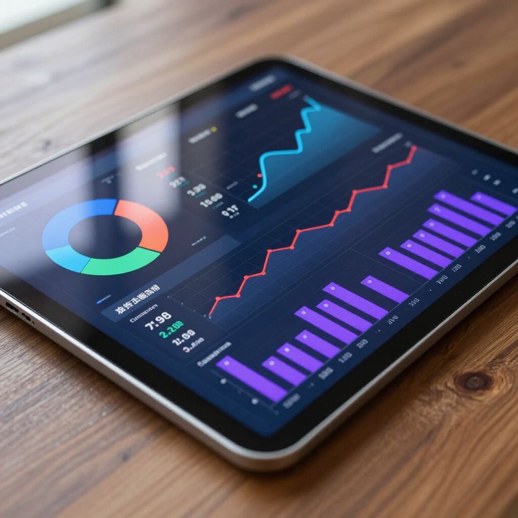 A tablet resting on a wooden surface displays a digital dashboard with colorful charts, graphs, and financial data.