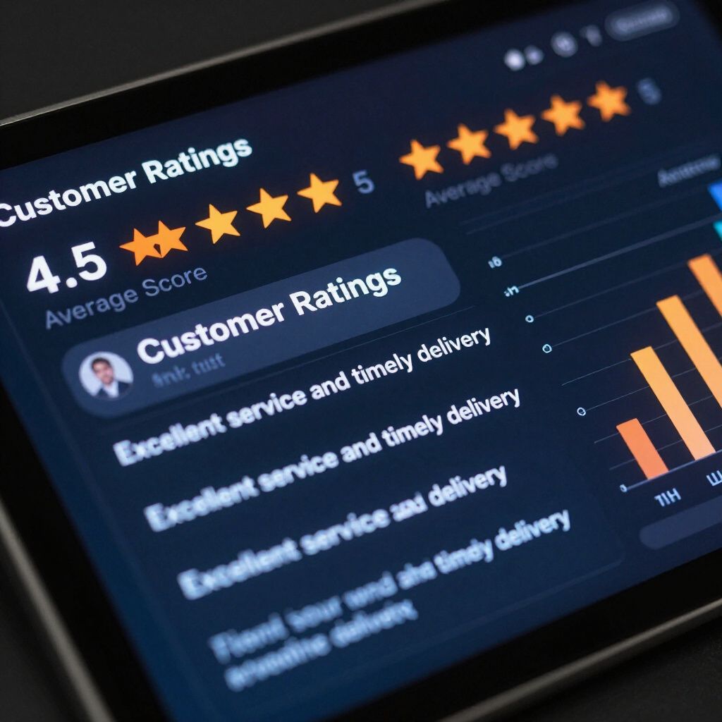 Customer ratings dashboard showing 4.5 stars, reviews, and bar chart on a dark screen