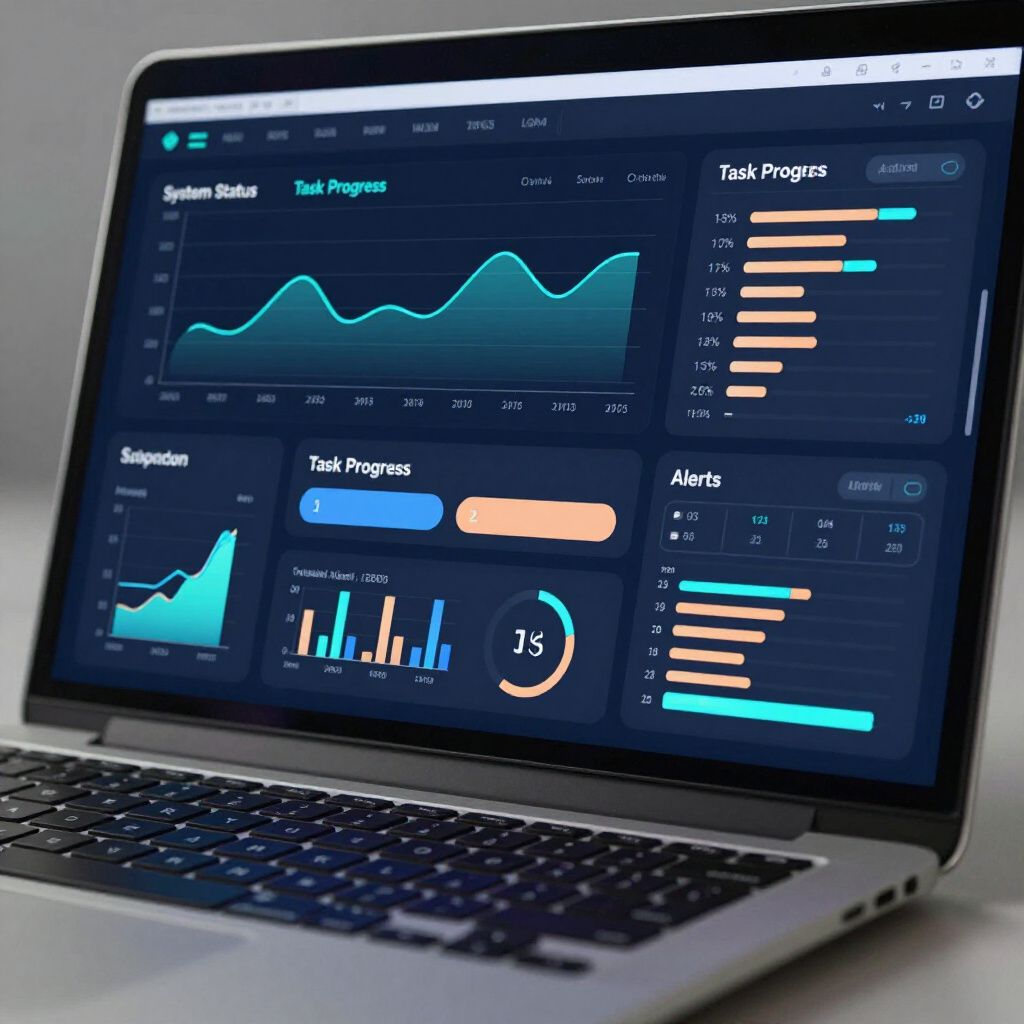 Laptop showing a dark analytics dashboard with blue and orange charts, graphs, and task progress panels
