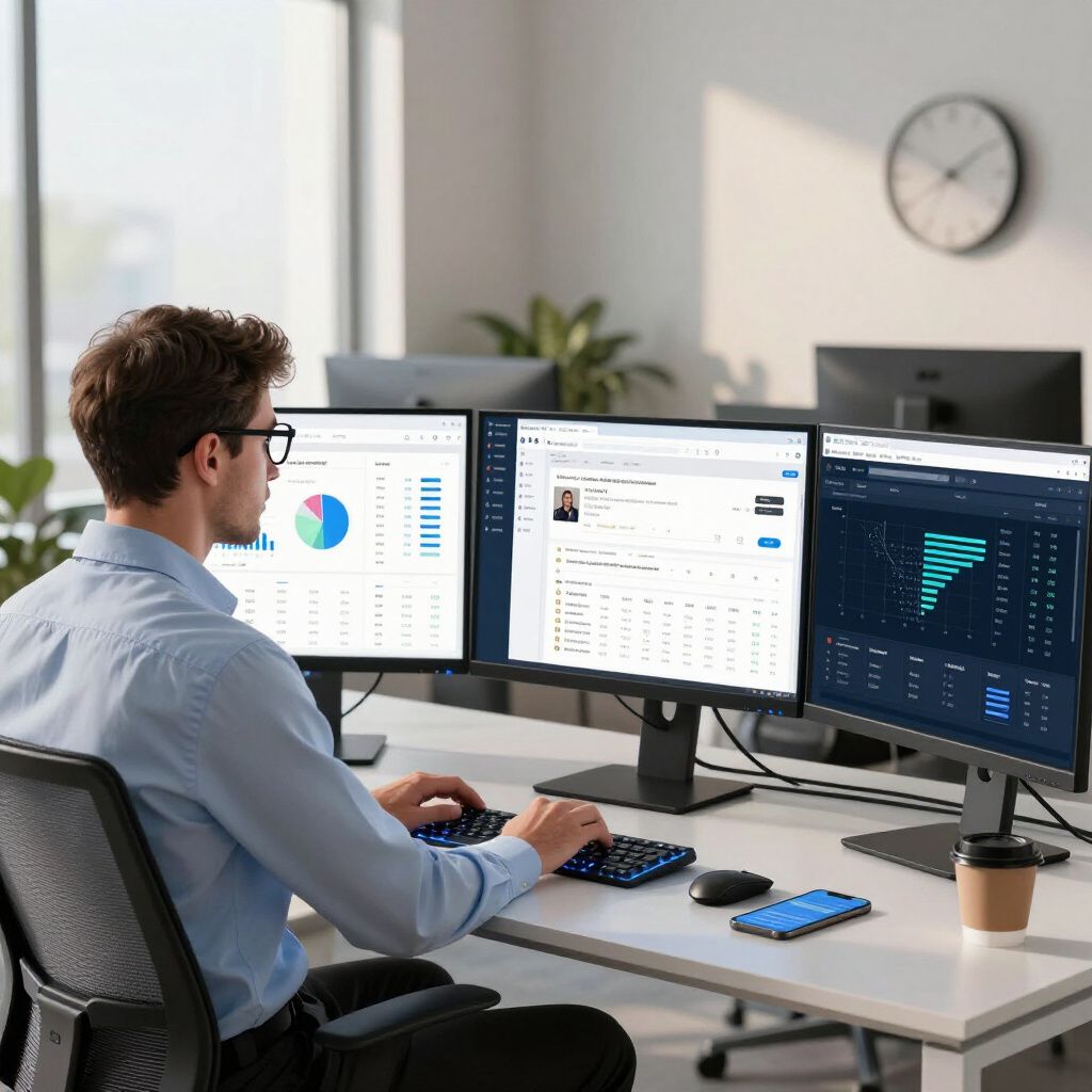 A professional works at a desk with three computer monitors displaying data charts and analytics in a bright office.