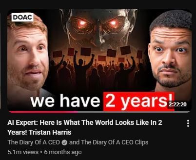 YouTube thumbnail with “we have 2 years,” faces flanking a glowing robot and a crowd silhouette