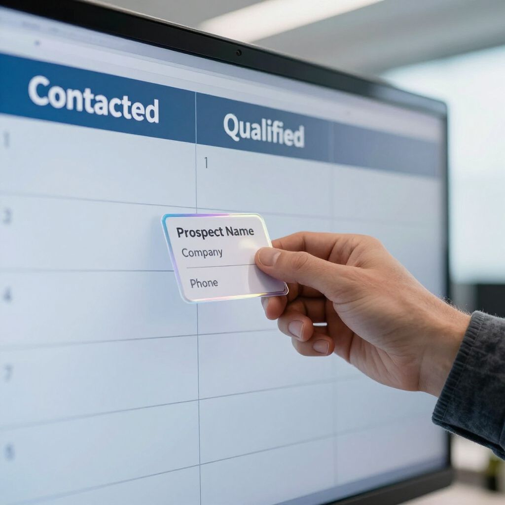 Hand placing a card on a sales pipeline board labeled “Contacted” and “Qualified”