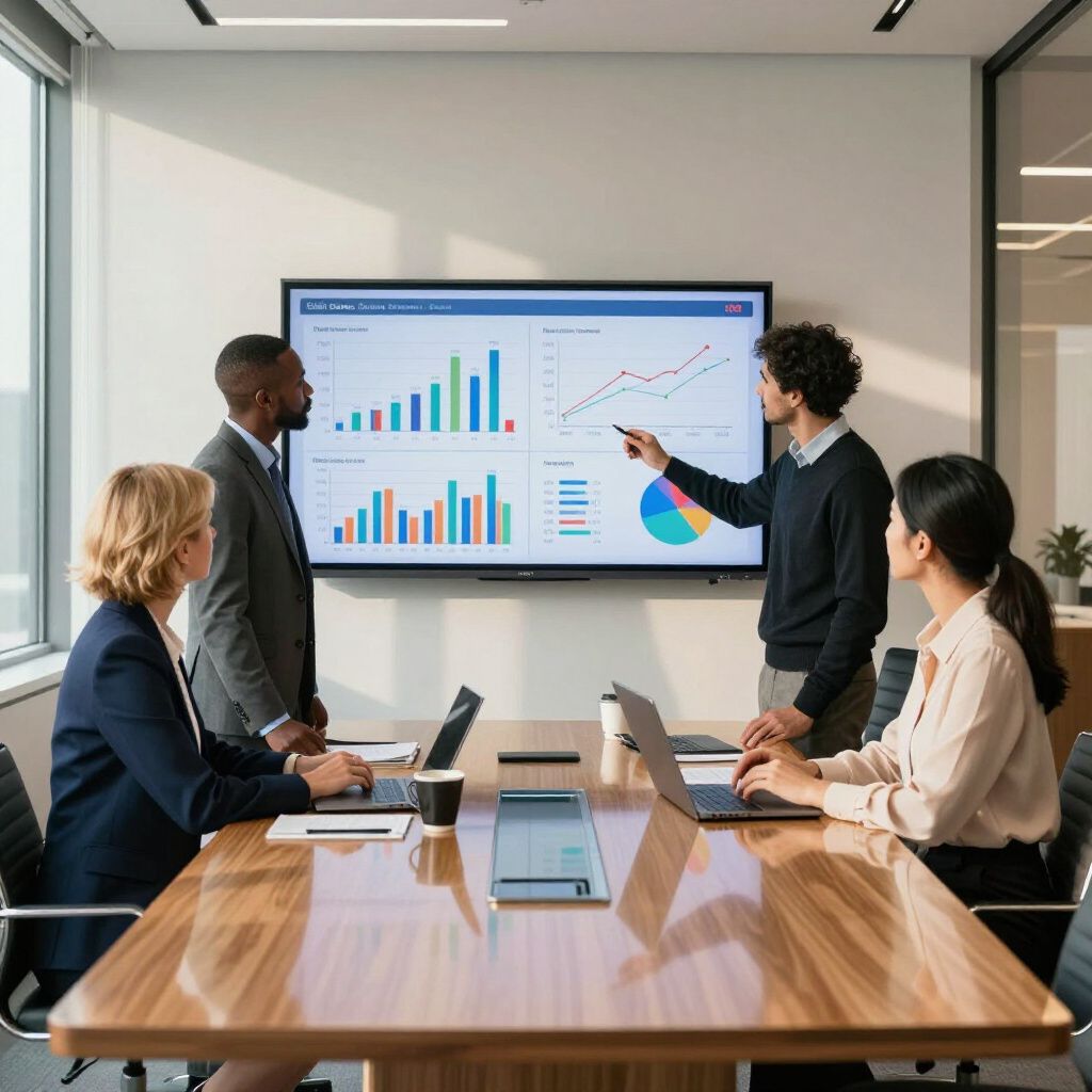 Business meeting in a conference room, with a presenter pointing at charts on a large screen.