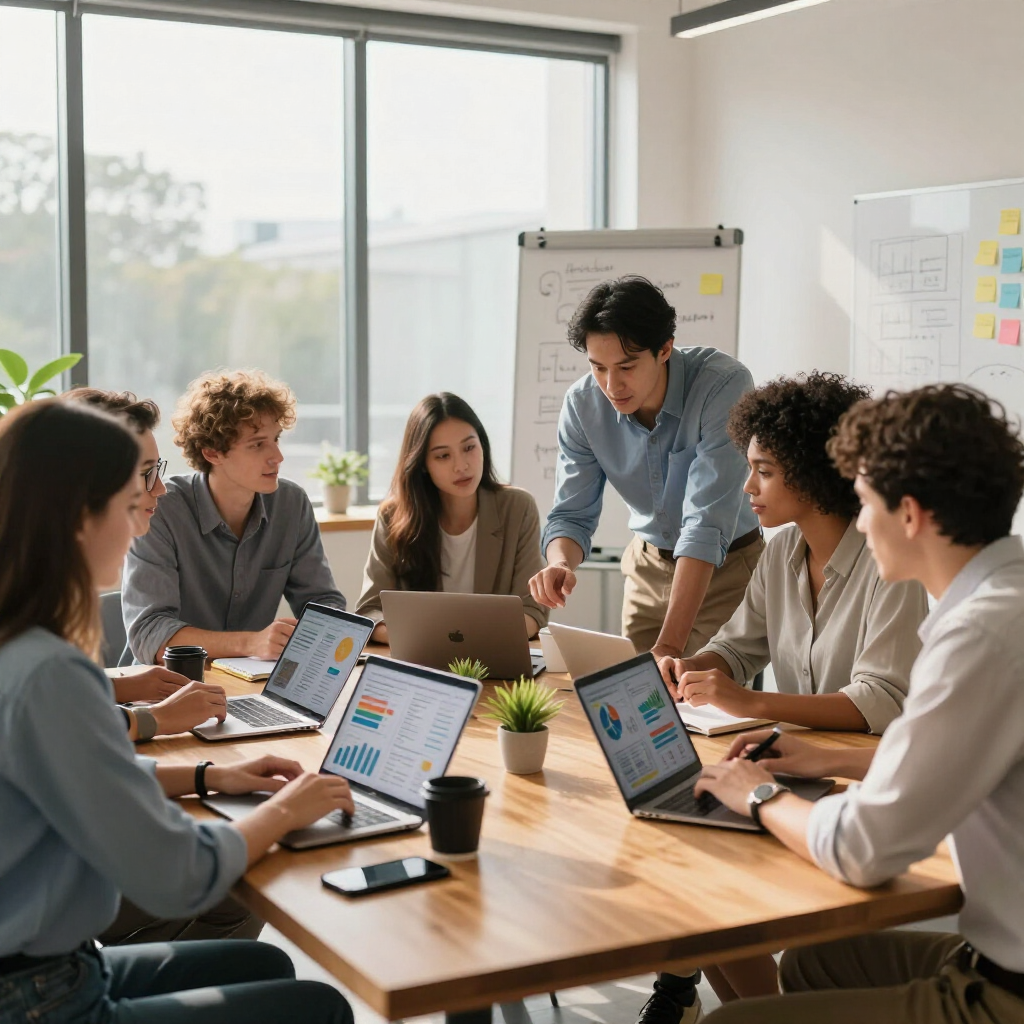 Team collaborating around a conference table with laptops in a bright meeting room